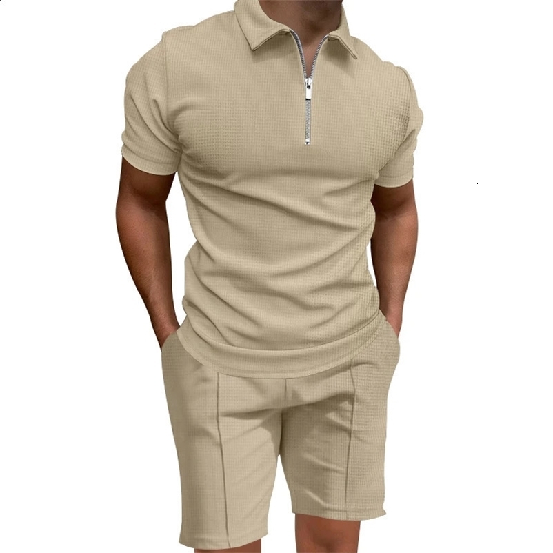 Cross border summer mens polo shirt set solid color waffle short sleeve slim lapel t-shirt casual mens set 250224