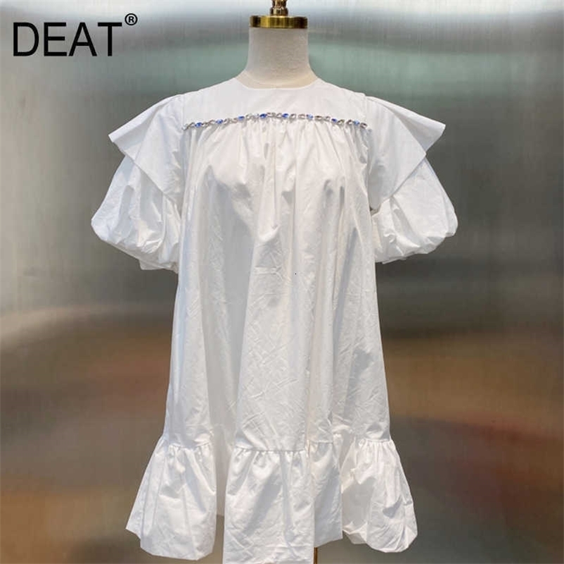 DEAT Women ruffles Dress Round Neck Short puff sleeve Arrivals Lady temperament Fashion Spring Summer 11D985 210709