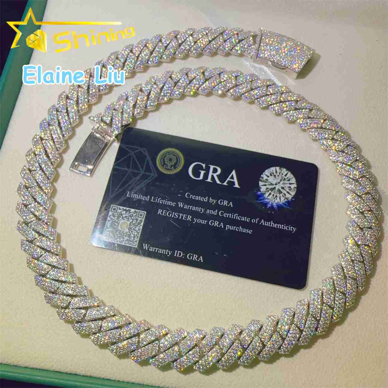 Sterling Silver 925 Miami Cuban VVS Moissanite Diamond Hip Hop Jewelry 15mm Necklace Cuban Link Chain Necklace