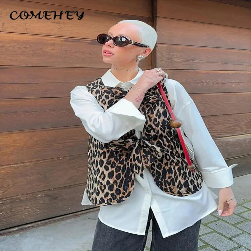 Vintage Leopard Print Lace Up Jackets Women Fashion Vneck Bow Sleeveless Slim Vest Spring High Street Tank Top Outwear 240523