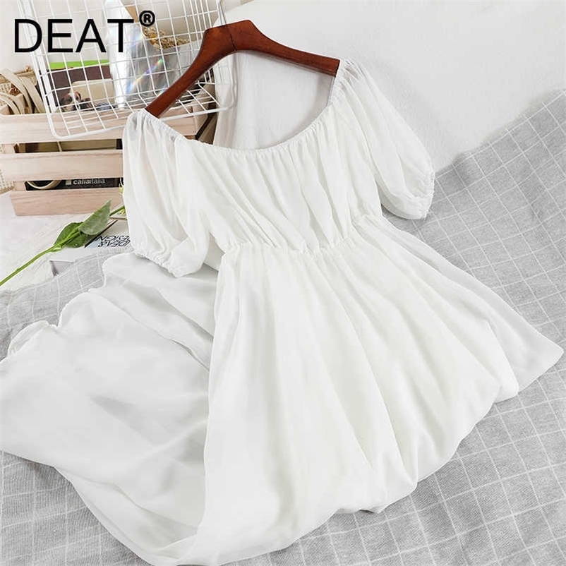 DEAT Summer Arrivals Solid Color Short Sleeve Slash Collar Fashion Temperament Women Chiffon Long Dress MZ931 210709