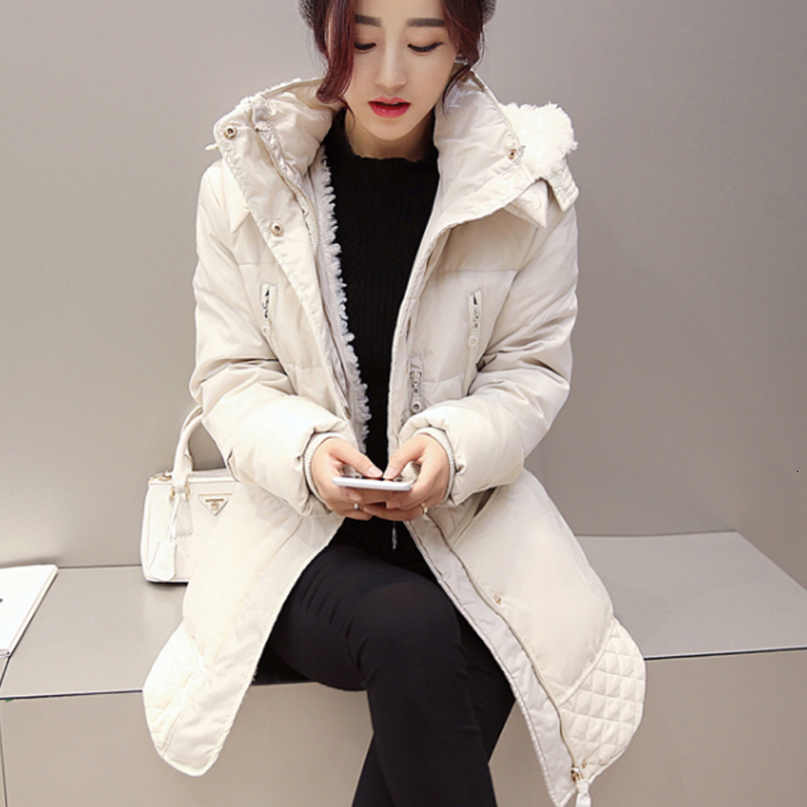 Women Winter Plus Size 3XL Hooded Solid Color Lambswool Thick Padded Jackets Warm Mid Length Coats Parkas Veste Femme MZ1911 200928