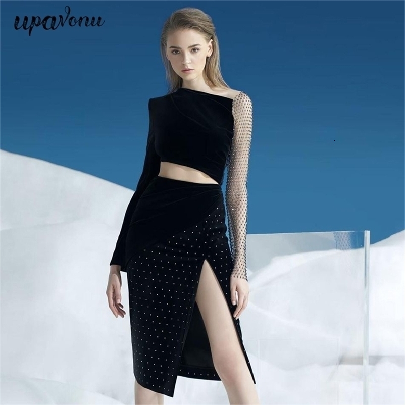 Free Women's Velvet Skirt Set Sexy Long Sleeve Mesh Diamond Top & Split Fashion Party Two Piece 210524