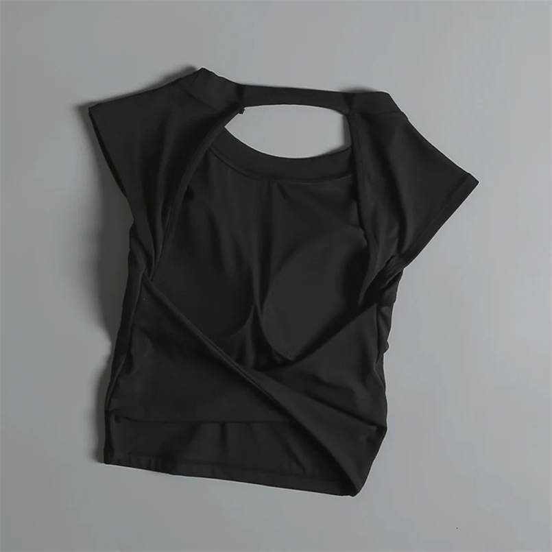 Womens Yoga Sports Vest Sexy Halter Short Sleeve T-Shirt Fixed Chest Pad Breathable Reversible Waist Slimming Fitness Clothing 250609