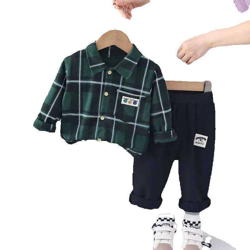 Autumn Newborn Clothes: Plaid Toddler Outfit - Stylish Long Sleeve Shirt and Pants Set for Boys, Perfect Spring/Autumn Two-Piece Suit