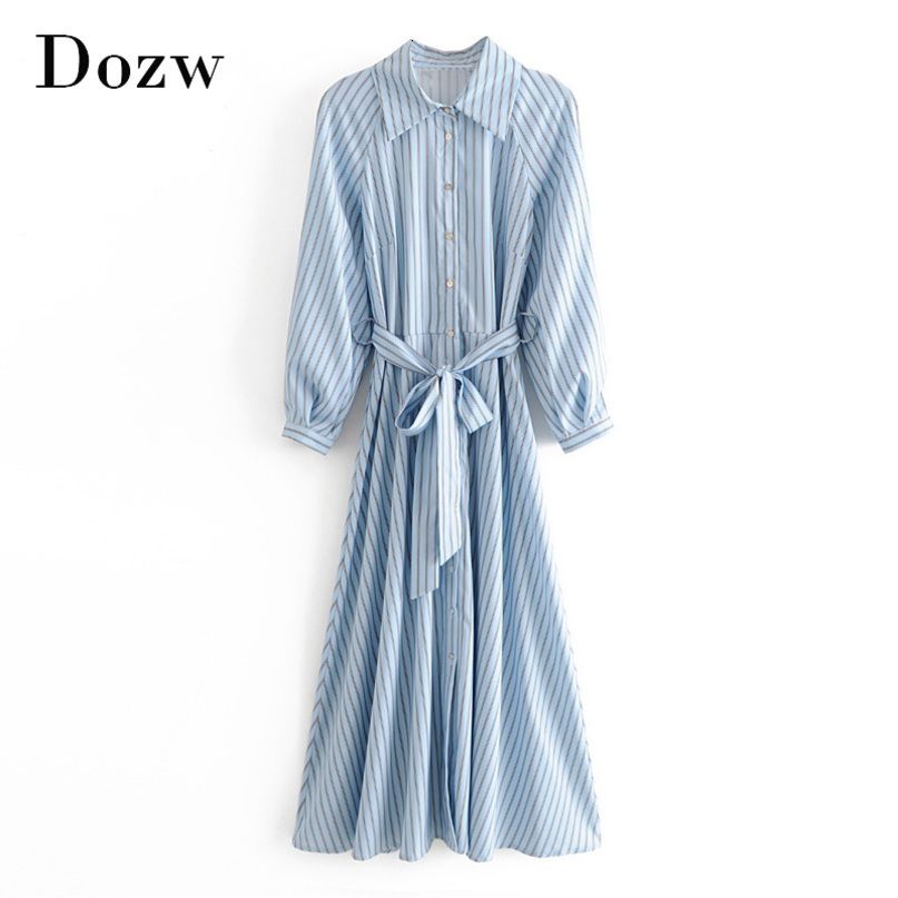 Fashion Women Striped Dress Long Sleeve Ladies Elegant Long Shirt Dresses Casual Turn Down Collar Office Dress Robe Femme 210414