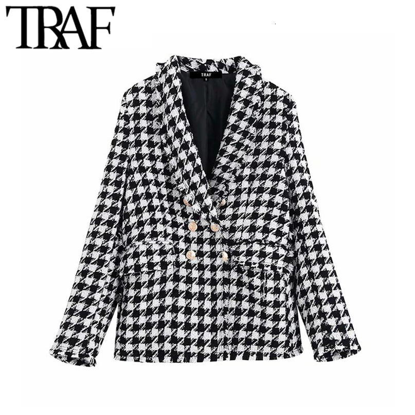 TRAF Women Tops Vintage Houndstooth Double Breasted Blazer Coat Fashion Long Sleeve Frayed Trims Outerwear Chic Plaid Jacket 201102