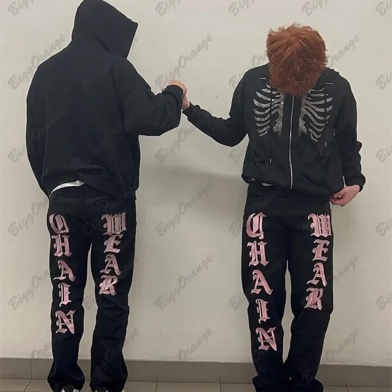 Y2k American Street Pink Letter Pattern Jeans for Men and Women Loose Straight Wide Leg Grunge Fashion Loose Black Jeans Fall 240814