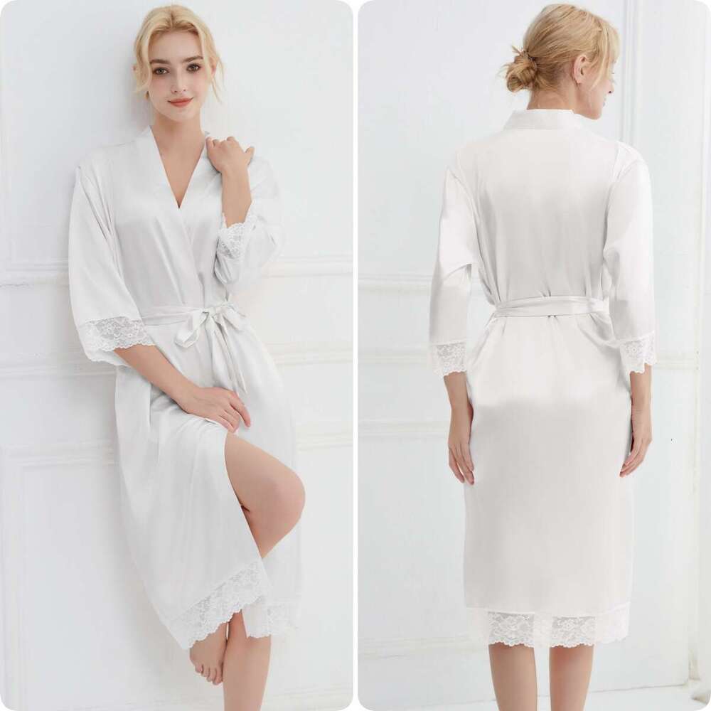 Lace trimmed high-end satin robe, solid color patchwork lace long sleepwear outer robe, luxurious and noble home wear, a must-have for elegant home we