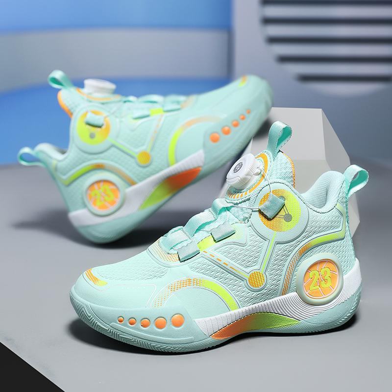 Free shipping children's boys' basketball shoes, autumn mid to large children's rotating button running shoes, wear-resistant and shock