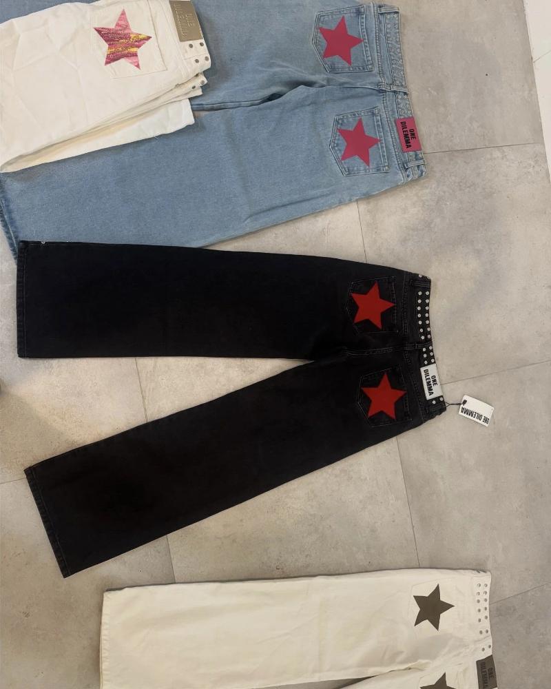 Women's Jeans ONE DILEMMA Five-Pointed Star Rivet Design Fashion Street Harajuku Baggy Women Clothing Casual Straight Denim Pants
