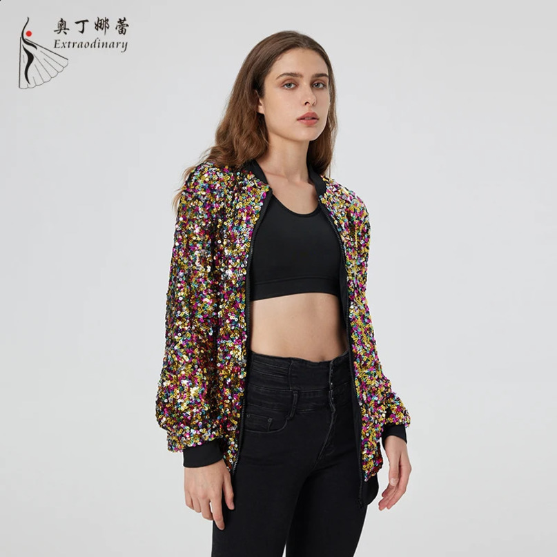 Fashionable womens sequin multicolor winter jacket with zipper collar and cuffs 250228