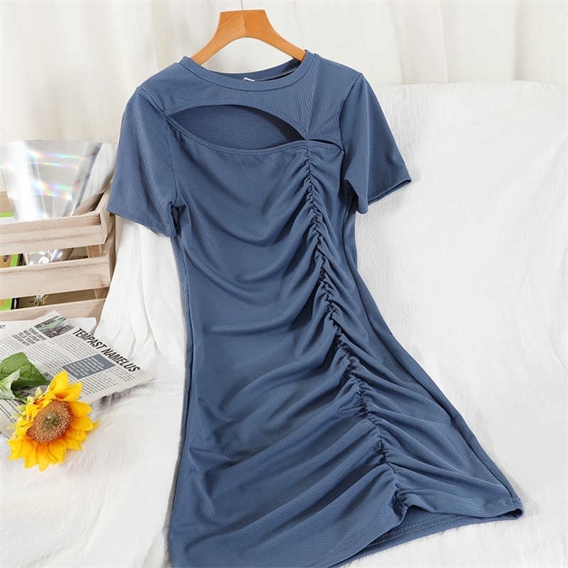 DEAT Women Slim O-neck Dress Fashion Spring Summer Ladies Hollow Out Short Sleeve Dress HR370 210709