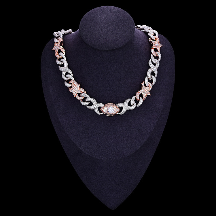 JWY Fashion Jewelry Choker Necklace Cuban Link Chain Eye Star Diamond 3A Iced Out CZ Star Hip Hop 16MM Brass Punk Moissanite Copper