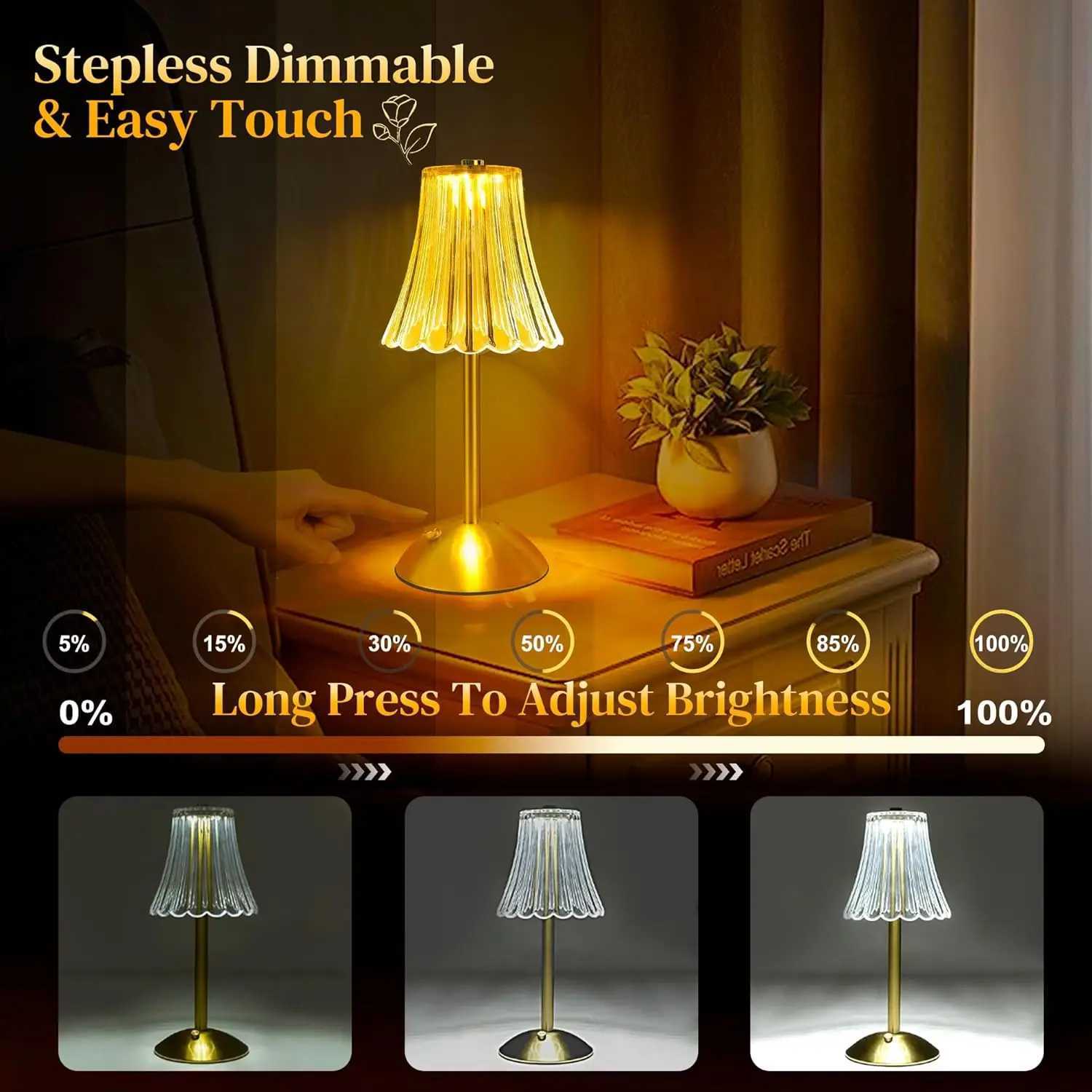 LED Table Lamps 3 Color Touch Dimming Night Light USB Rechargeable Cordless Atmosphere Bedroom Bedside Reading Lamps Decor Light C251115