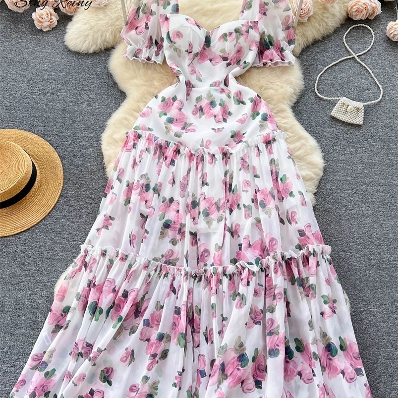 SINGREINY Beach Vacation Floral Print Dress Women Backless Lace Up Cross Bandage Ruched Korean sweet Fashion Party Long Dress 250117