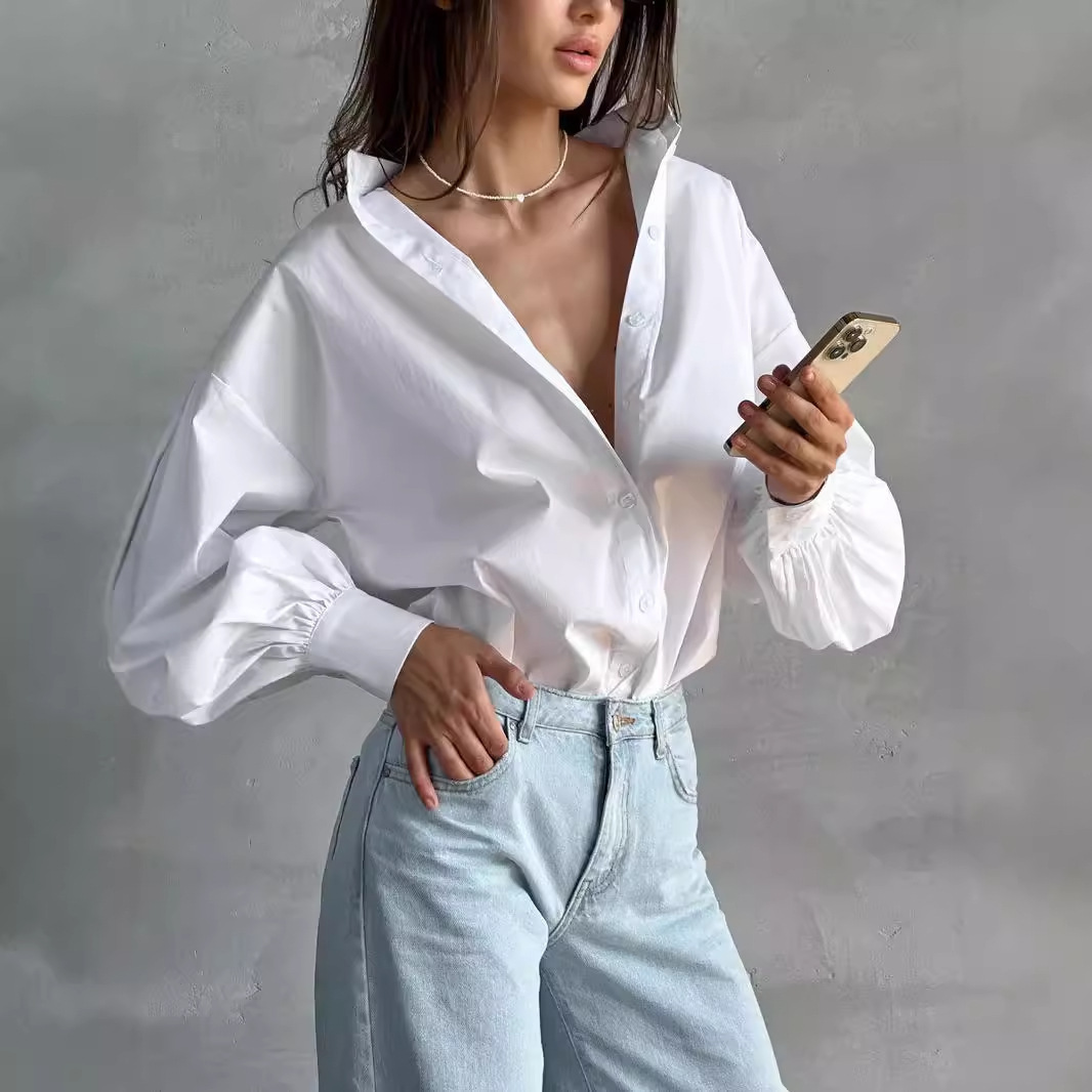 2024 Lantern Sleeve Womens Shirt Lazy Style Elegant Commuting Versatile Round Neck Lantern Sleeve Shirt Women 210524