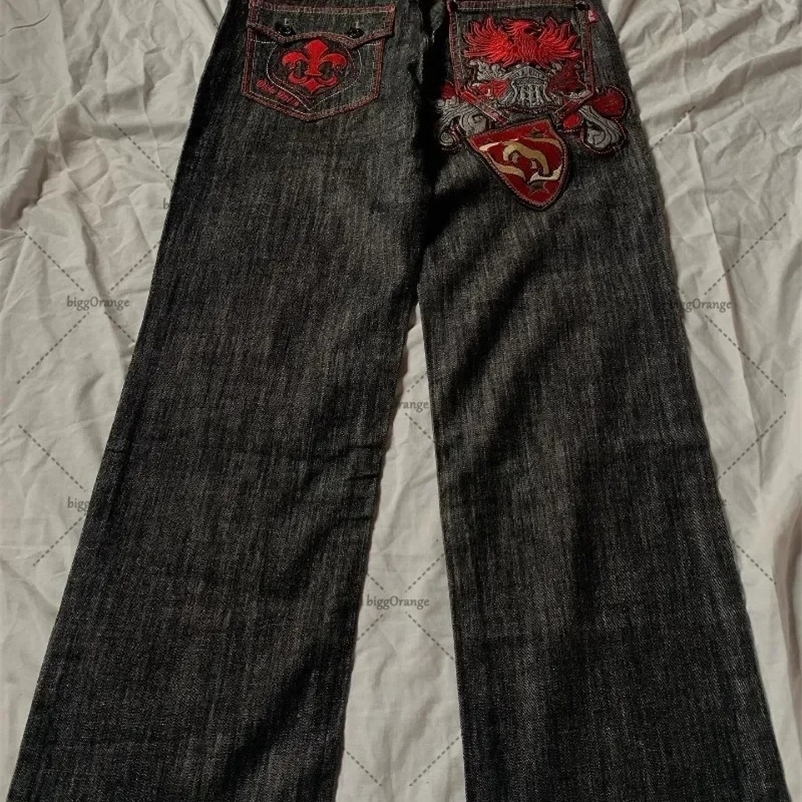 Street vintage alphabet embroidered jeans Men y2k Harajuku Fashion loose pants Couple casual straight leg wide-leg jeans 240429