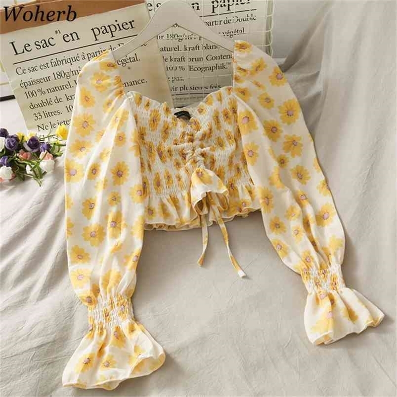Short Women Tops and Blouses Long Sleeve Crop Top Blusas Mujer Fashion Floral Print Vintage Sexy Ropa 210519