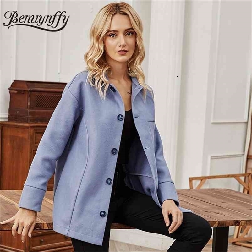 Turn-down Collar Single Breasted Solid Coat Women Autumn Winter Drop Long Sleeve Female Overcoat Loose Clothing 210510