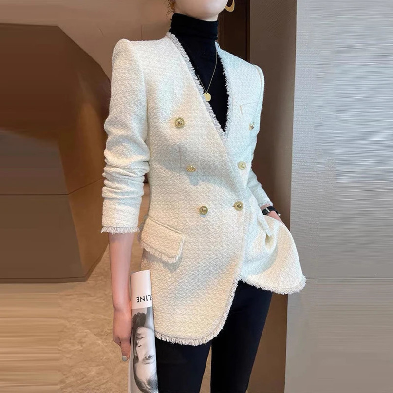 Fashion Double Breasted Tweed Blazer Coat Women French Long Sleeve White Outwear Office Lady Elegant Tassel Patchwork Jacket 240307