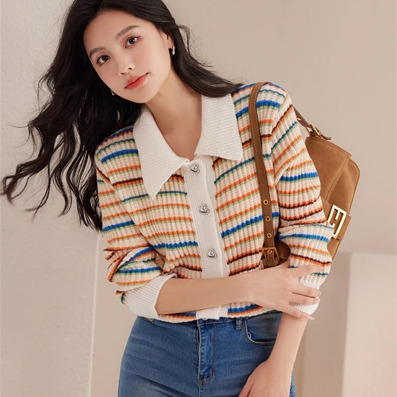 Vintage Color Blocking Rainbow Striped Sweater Womens Loose-fit Turn-down Collar Knitted Top Autumn Harajuku Casual Cardigan 240912