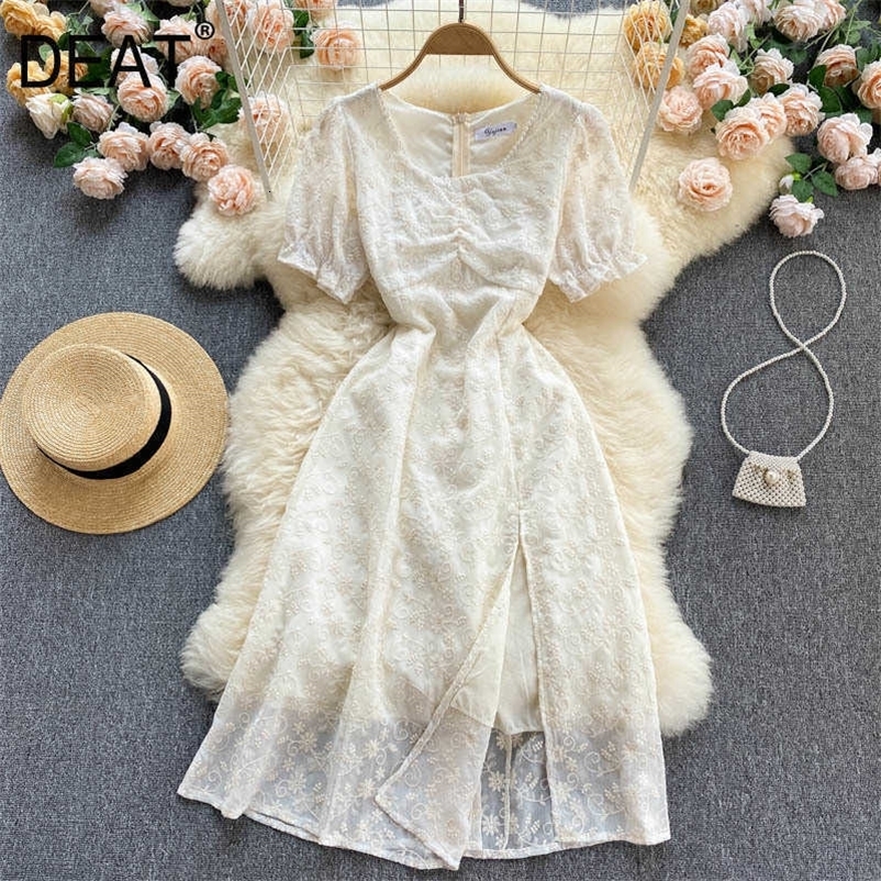 DEAT Women Split Slim Beaded Dress Round Neck Short Sleeve Arrivals Lady Temperament Fashion Spring Summer 11D597 210709
