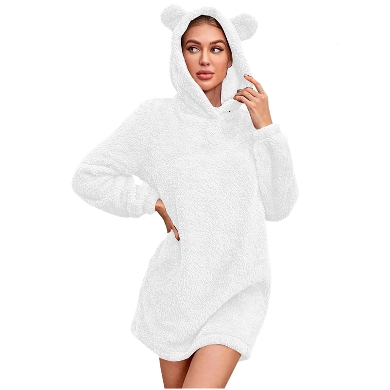 White womens plush hoodie solid color cute autumn wool hoodie long sleeved warm and soft sportswear dress 241214