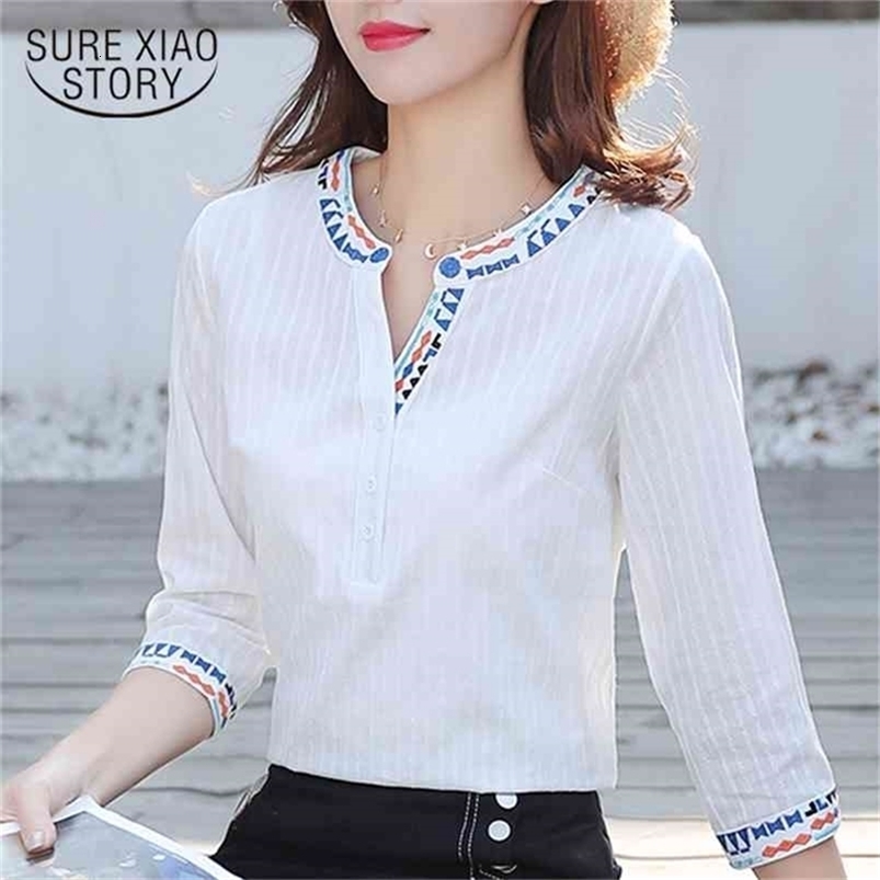 fashion v-neck white office lady shirt women blouse embroidered summer tops plus size clothing blusas D849 30 210506