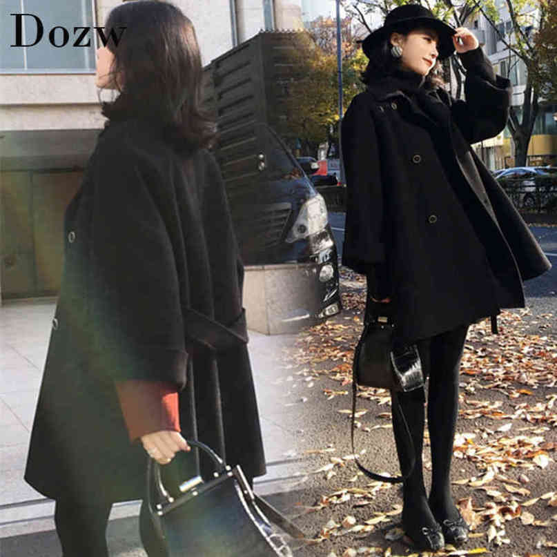 Fashion Solid Women Wool Blend Coat Autumn Winter Long Sleeve Turn-down Collar Outwear Jacket Casual Belt Woolen Coat 210414