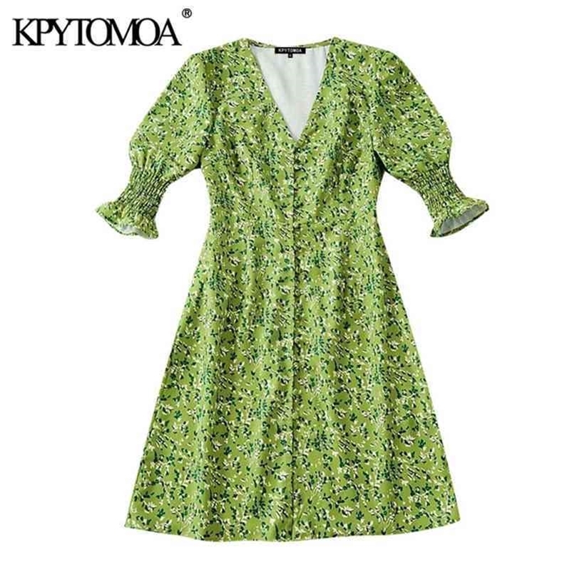 Women Chic Fashion Floral Print Buttons Mini Dress V Neck Short Sleeve Beach Female Dresses Vestidos Mujer 210420