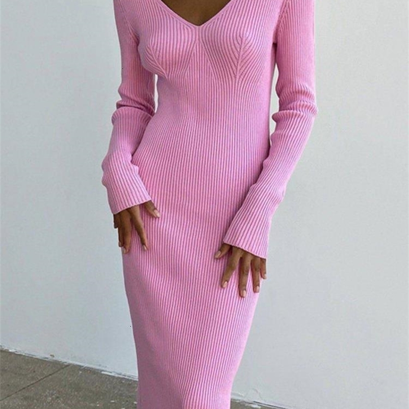 Casual Dresses Knit V-Neck Flared Sleeve Dress Women Solid Sexy Elegant Loose Long Female Dresses Autumn Casual Solid Ladies Vestidos 230316