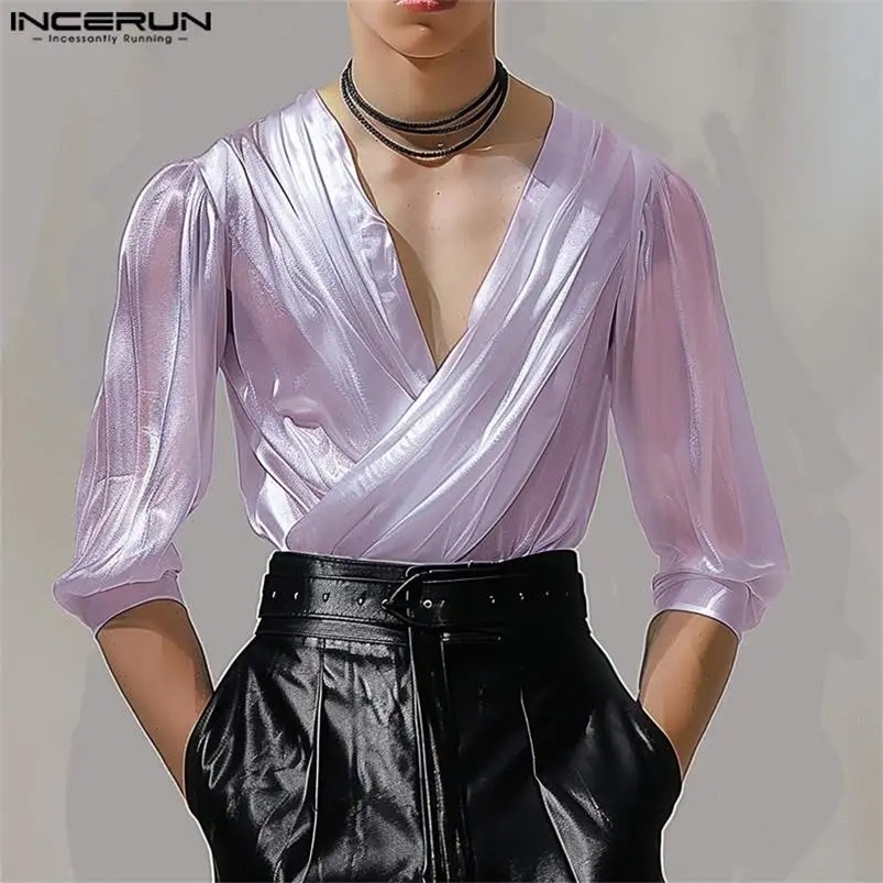 Fashion Well Fitting Tops INCERUN Mens Matte Fabric Swing Collar T-shirts Summer Casual Solid Long Sleeved Shirt S-5XL 250207