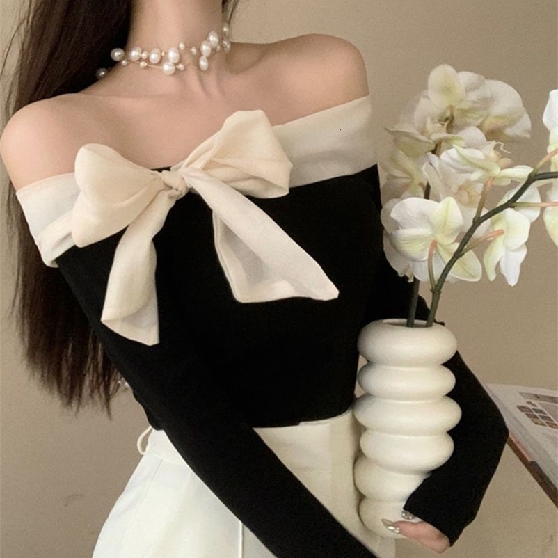 Women's Sweaters Off Shoulder Sweater Women Y2k Clothes Ladies French Style Elegant Sexy Slim Stretch Pullovers Spring Autumn Bow Slash Neck Tops