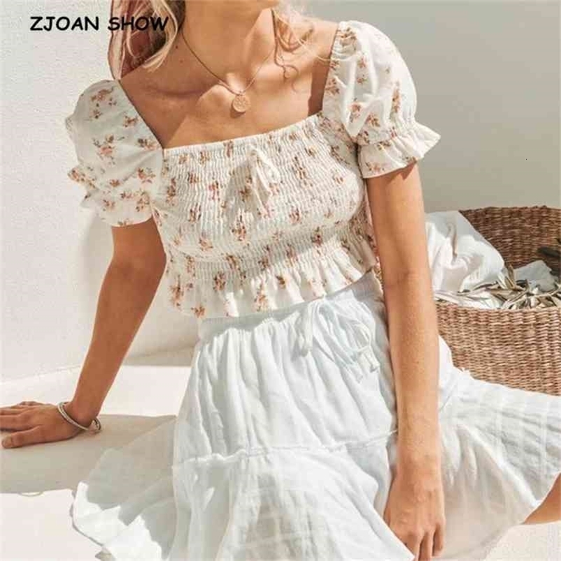 Vintage White orange Floral Print Shirt Retro Elastic Ruched Slash Collar Short Sleeve Blouse tanktop Tops 210429