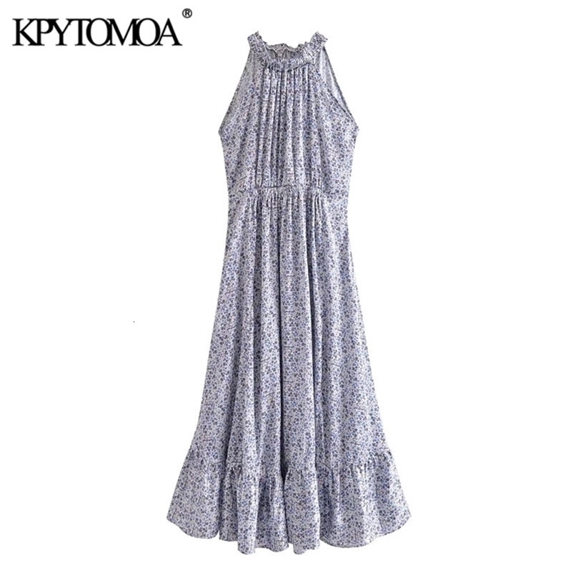 Women Chic Fashion Floral Print Ruffled Midi Dress Halter Neck Elastic Waist Female Dresses Vestidos Mujer 210420