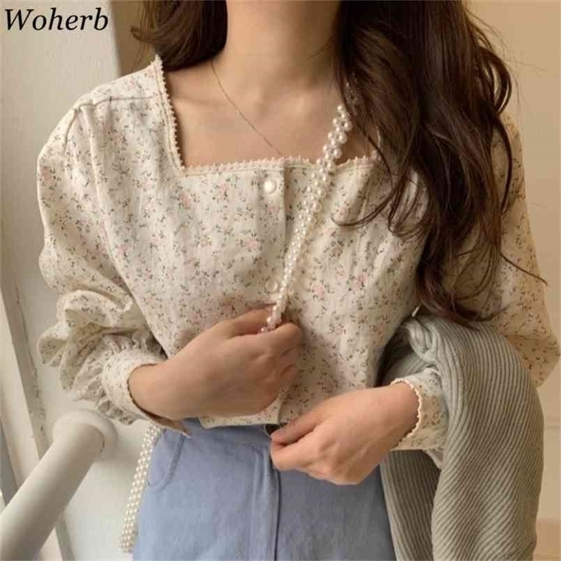 Blusas De Mujer Square Collar Sweet Puff Sleeve Floral Blouses Women Femme Roupas Loose Vintage Temperament Tops Female 210519