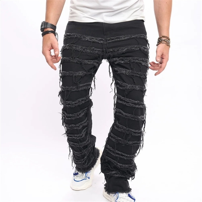 Mens HipHop Stacked Spliced Biker Jeans Stylish Men Street Loose Cotton Solid Male Straight Denim Pants 240912