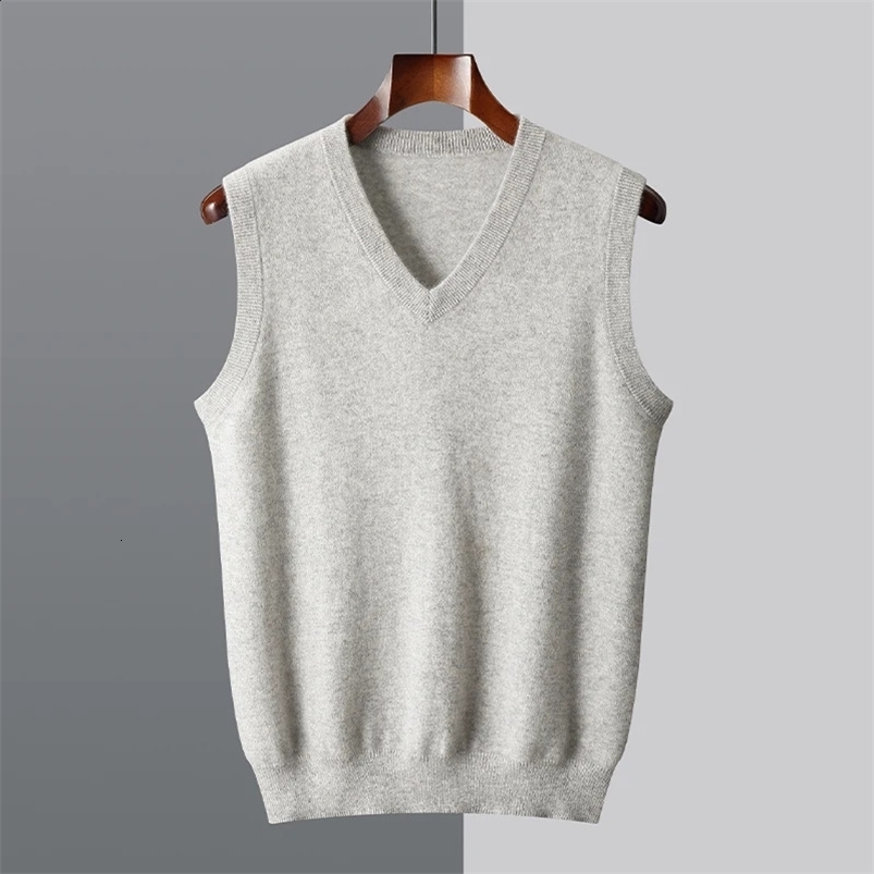 Mens Sweater Vest 100% Merino Wool camisole Spring Autumn Style V-Neck Knitted Pullover Vest Casual Solid Color Menswear 240829