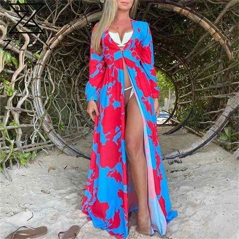 Women Dress Printed Bohemia es Sexy Long Print Floral Maxi Deep V Neck Sleeve Plus Size es 210513