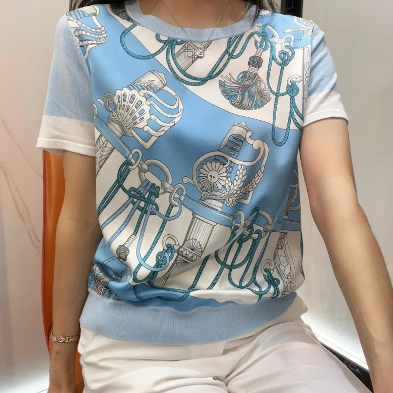 Summer Womens Geometric Printed pullover Casual Tshirts Fashion Loose Spliced Round Neck Short Sleeve Knitted Tops 240531