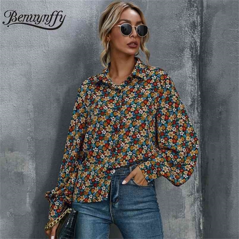 Turn-down Collar Bishop Sleeve Floral Shirt Top Women Spring Button Up Long Office Lady Casual Print Shirts 210510
