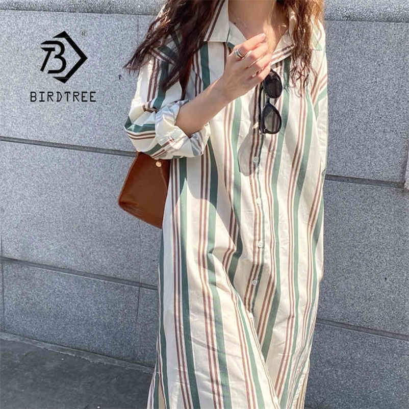 Spring Summer Oversize Striped All Match Mid-length Slit Dress Women Long Sleeve Turn-Down Collar Loose Casual Dresses D12801X 210416