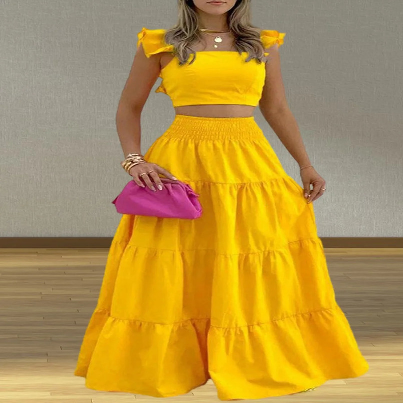Dress Set Twopiece Womens Clothing Solid Color Sexy Suspender Large Swing Skirt Short Sleeved Square Neck Top Summer Outfits 240423