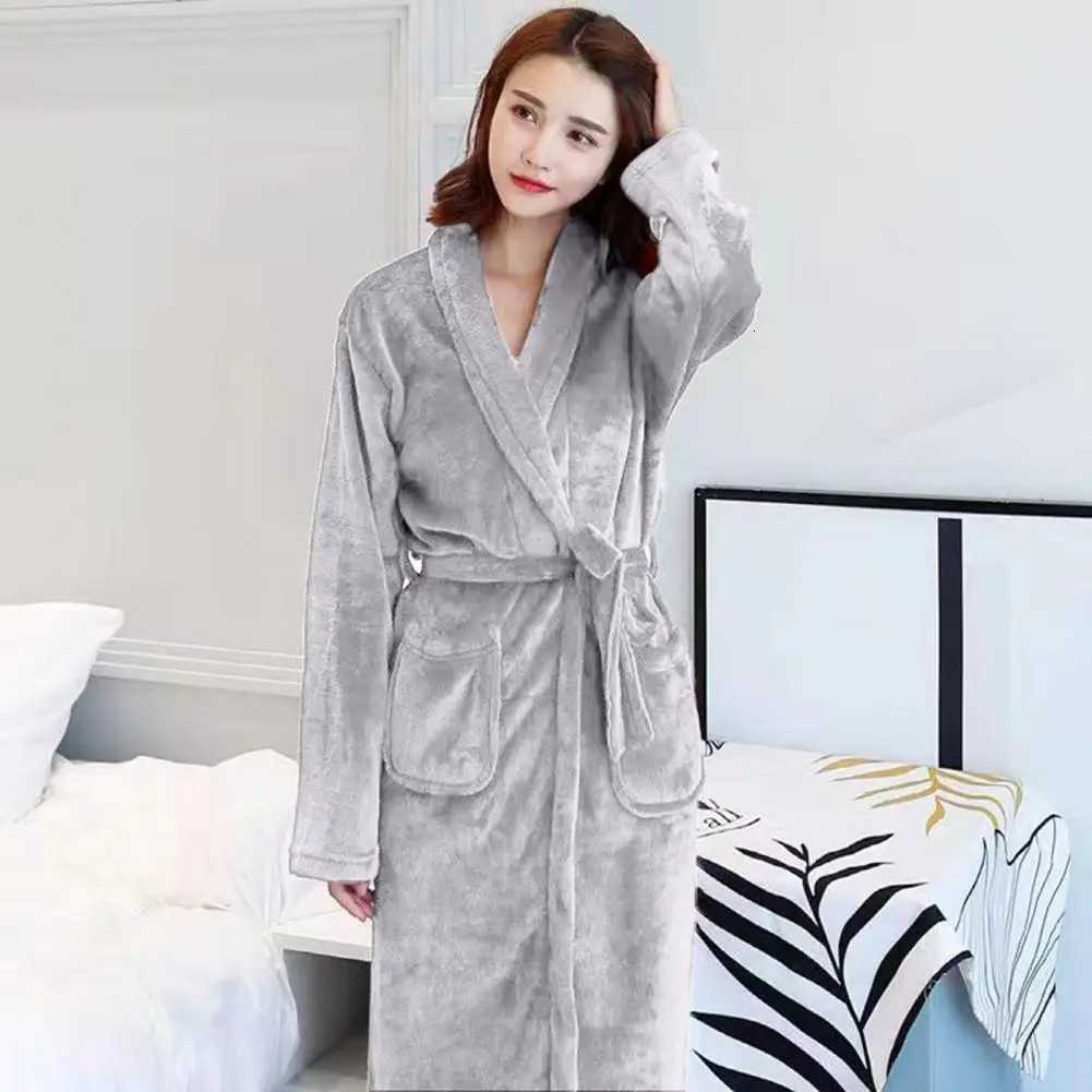 Coral Fleece Women Men Bathrobe Thick Warm Water Absorbent Winter Lace Up Cardigan Lapel Pockets Bath Robe Nightgown Dress Z250924