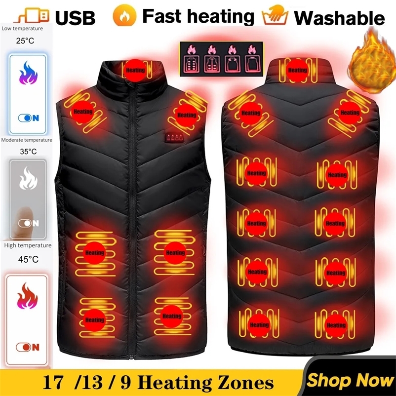 Men's Vests 17/13 Places Heated Vest Men Women Usb Heated Jacket Heating Vest Thermal Clothing Hunting Vest Winter Heating Jacket BlackS-6XL 2310