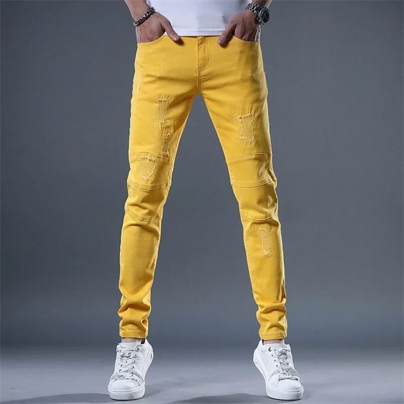 Mens Jeans Color Y2K Denim Jeans Streetwear Slim Straight Pants Holes Ripped Trousers Yellow Embroidered Jeans 240429