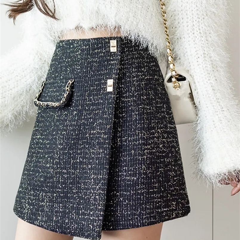 HMA Fashion Small Fragrant Style Woolen Skirt Autumn Winter High Waist A-Line Tweed Shorts Skirt 241125