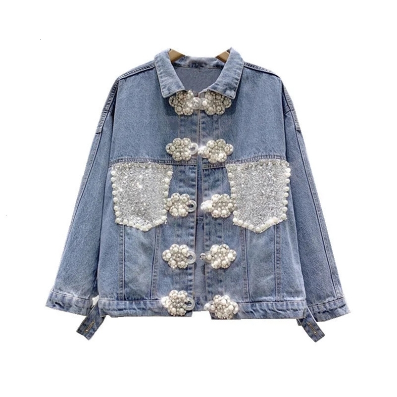 Spring Denim Jacket Women Heavy Industry Diamond Studded Bead Disc Buckle Loose Jeans Coat Clothes Vintage 240717