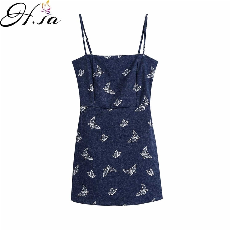Hsa European and American Summer Wind Women's Denim Printing Slip Dress 1607 210716